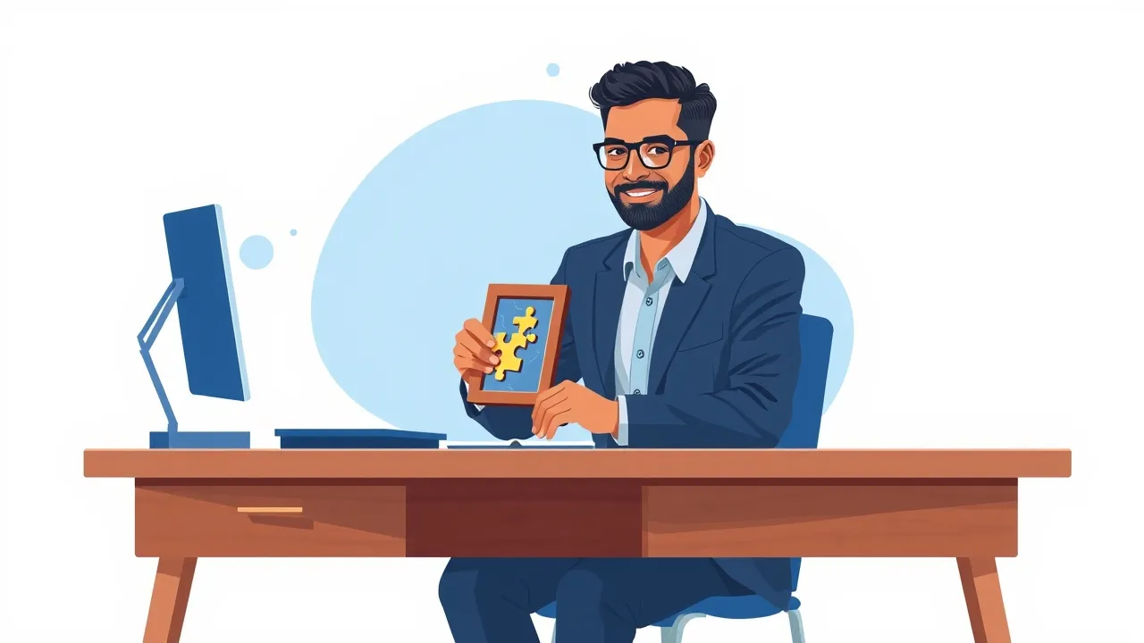 An Indian employee assembling a puzzle, representing the different components of a final salary payout.
