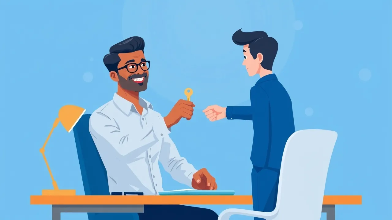 An Indian HR manager handing a key to an employee during a professional exit meeting.