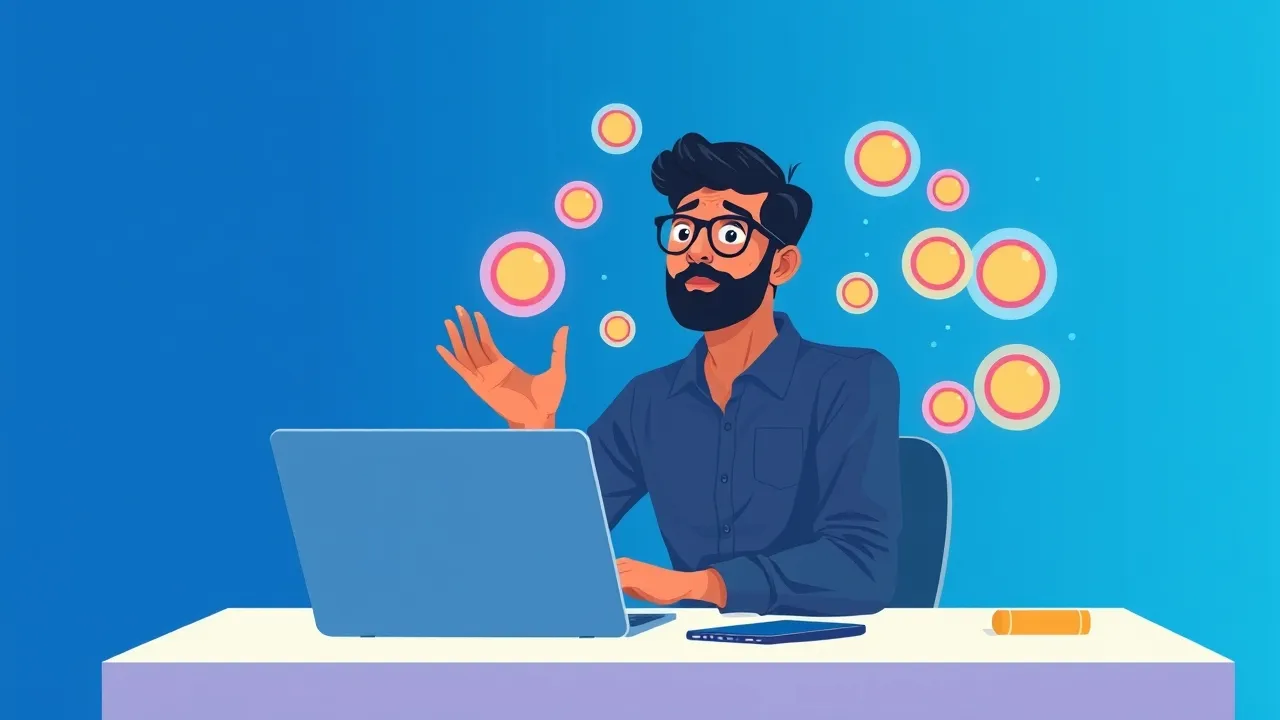 An Indian professional feeling overwhelmed by glowing digital distractions while trying to focus on work.