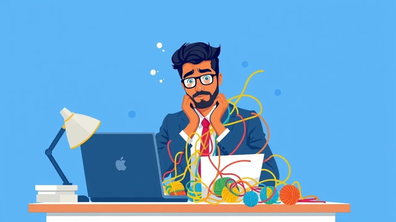 Hr software employee productivity — An Indian office manager looking frustrated by a tangled web of work processes at desk