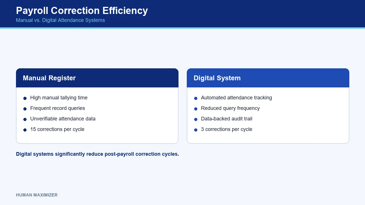 Payroll Correction Efficiency — Manual vs. Digital Attendance Systems