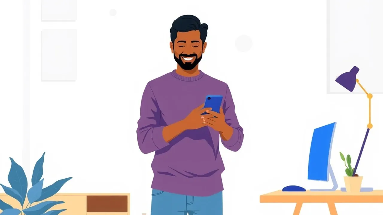 An Indian employee feeling connected and supported while using a mobile app at home.