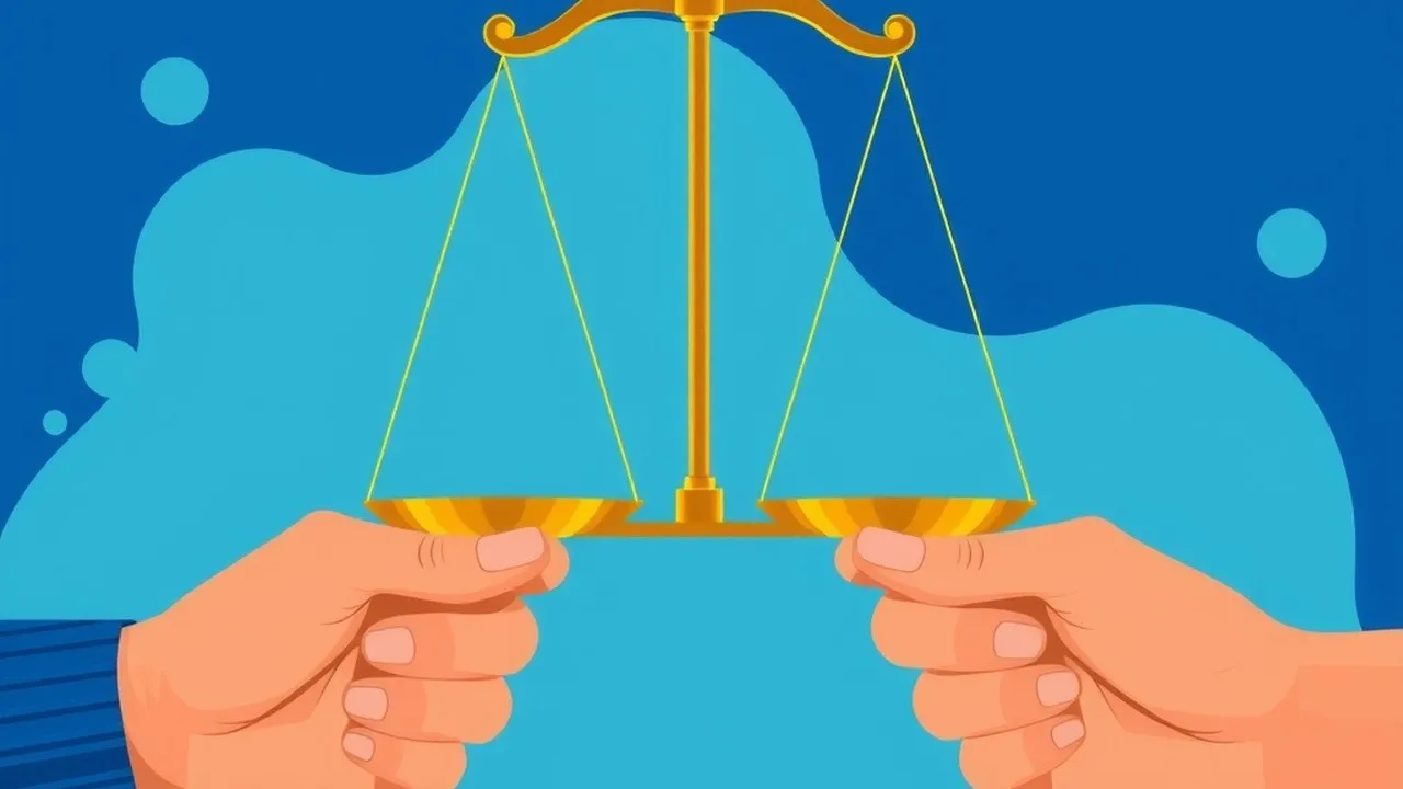 Close-up of hands holding golden scales with one side slightly higher.